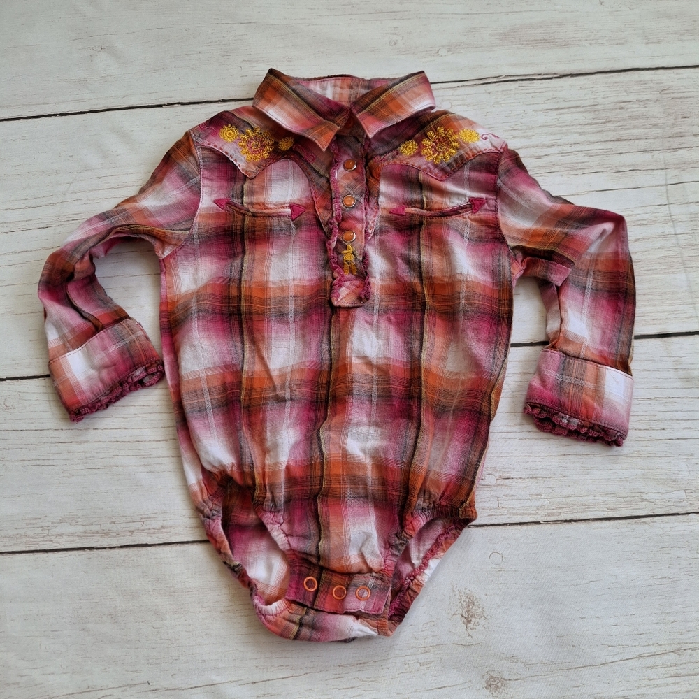 Wrangler 18M Plaid Embroidered Western Style Onesie